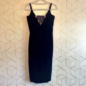 VTG Gunna Sax Jessica Mclintock 80s Black Velvety Sequins Dress